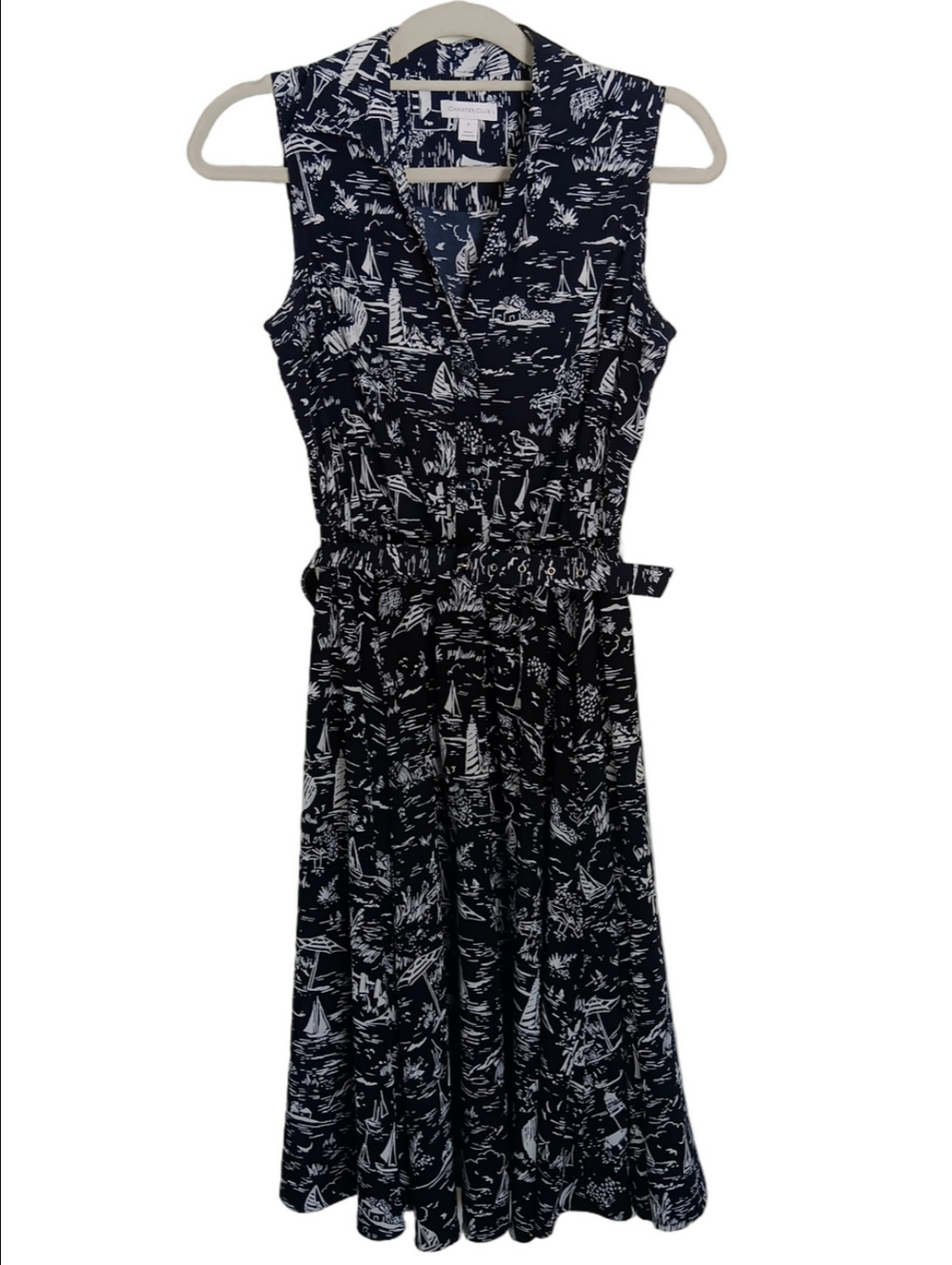 Charter Club Navy & White Nautical Print Sleeveless Printed Midi Dress Belted